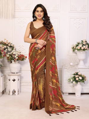 ROOP SUNDARI SAREES Floral Print Bollywood Georgette Saree(Brown)