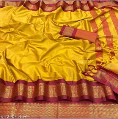 Hashir textile Paisley Paithani Cotton Silk Saree(Gold)