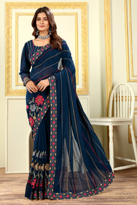 CHHELAJI Embroidered Bollywood Georgette Saree(Blue)