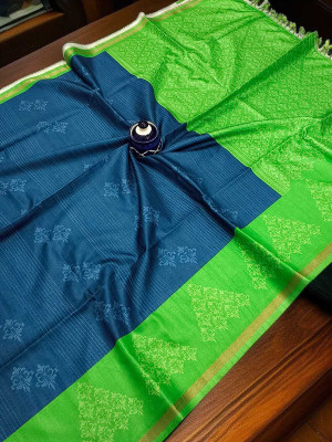 WILLMAKE Printed, Applique, Embellished, Floral Print, Woven Bollywood Cotton Linen Saree(Blue, Light Green)