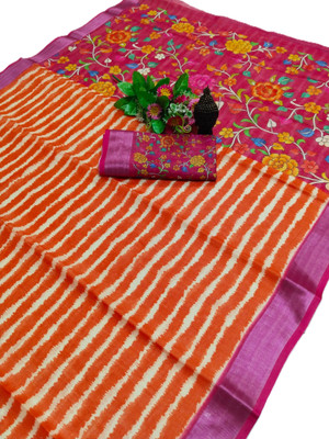 HangerStories Printed Bollywood Pure Cotton, Cotton Linen Saree(Orange)