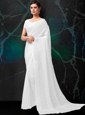 Veer Vision Dyed, Self Design, Polka Print Daily Wear Georgette Saree(White)