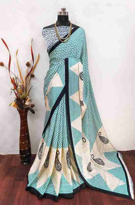 RegalDrapes Printed Bollywood Satin Saree(Blue)