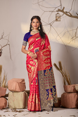 TINA FASHION Woven Banarasi Art Silk Saree(Red)