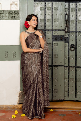 MIRCHI FASHION Printed, Striped Leheria Chiffon, Georgette Saree(Brown, Beige)
