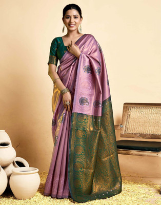 Falessa Woven Banarasi Silk Blend Saree(Purple, Green)