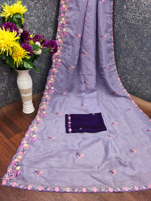 SHRIMORI Floral Print Bollywood Chanderi Saree(Purple, White)