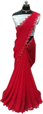 Bollytrend Solid/Plain Bollywood Georgette, Silk Blend Saree(Red)