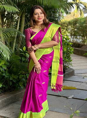SGF11 Self Design Handloom Silk Blend Saree(Purple, Yellow)