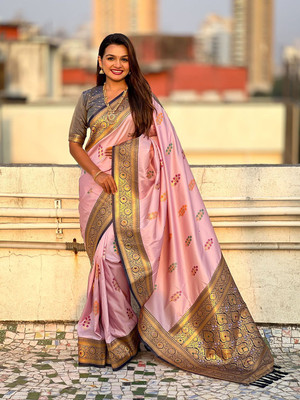 all about you Woven Daily Wear Silk Blend Saree(Pink)