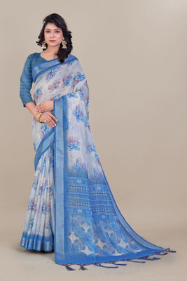 Laxmi Fashion Printed, Floral Print Assam Silk Jacquard, Cotton Silk Saree(Blue, Multicolor)