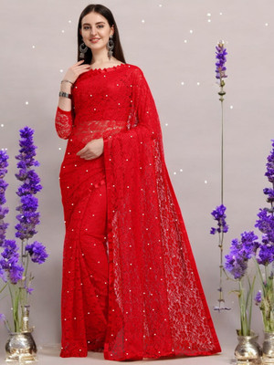 NORAFLEX Embroidered Bollywood Net Saree(Red)