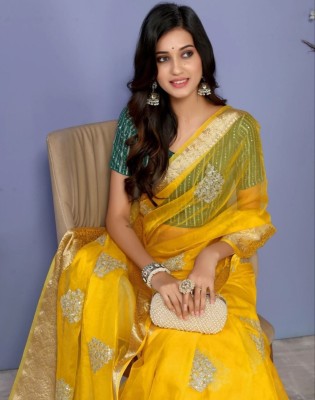 Lakshya Fashion Embroidered Kanjivaram Organza Saree(Yellow)