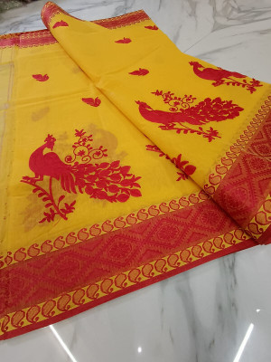 Priyongboda Printed Tant Handloom Cotton Blend Saree(Yellow, Red)