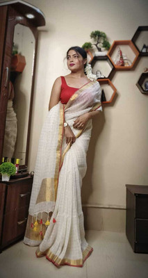 AMIT STORE Self Design Handloom Cotton Linen Saree(Pack of 2, White)