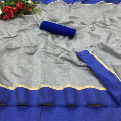 KISSAH Solid/Plain Bhagalpuri Cotton Silk Saree(Dark Blue, Grey)