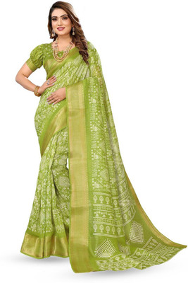 Moda Rapido Printed Bandhani Cotton Blend Saree(Green)