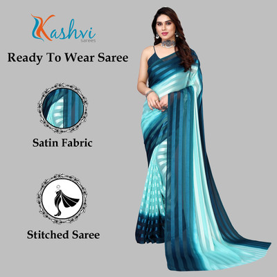 kashvi sarees Embellished, Striped, Self Design Bollywood Satin Saree(Dark Blue, Light Blue)
