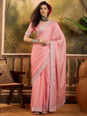 Vichitra Embellished Bollywood Silk Blend Saree(Pink)