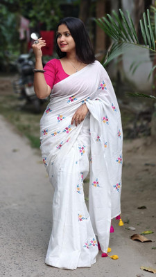 SUSHRITA BOUTIQUE Embroidered, Floral Print, Solid/Plain Patola Pure Cotton Saree(White)