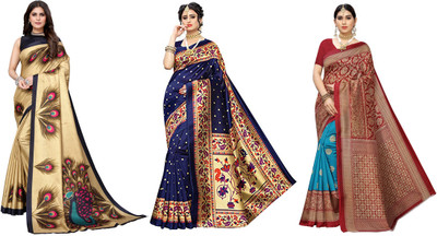 YASHIKA Printed Banarasi Art Silk Saree(Pack of 3, Gold, Dark Blue, Blue, Red)