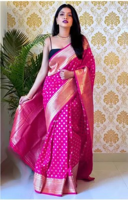 SSP TEX Woven Kanjivaram Silk Blend Saree(Silver, Pink)