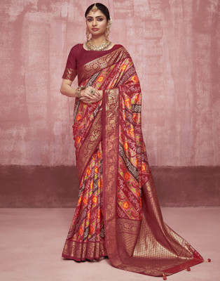 Satrani Printed Banarasi Silk Blend Saree(Maroon, Gold, Multicolor)