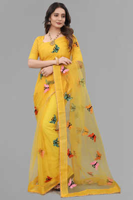 meaven tex Self Design Bollywood Net Saree(Yellow)