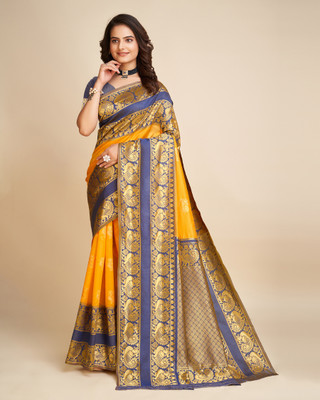 Aldwych Woven Banarasi Silk Blend Saree(Yellow)