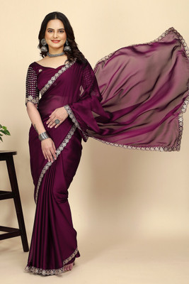 SAADHYA CREATION Embroidered, Solid/Plain Bollywood Chiffon Saree(Purple)