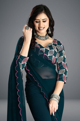 Mionas Solid/Plain, Embroidered Bollywood Georgette Saree(Blue)