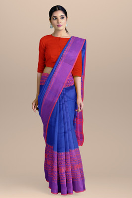 GOLU Woven Handloom Cotton Blend Saree(Red, Blue)