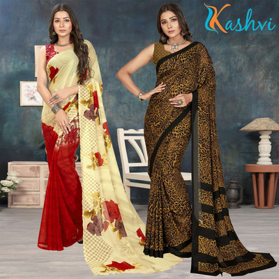 kashvi sarees Floral Print Daily Wear Georgette Saree(Pack of 2, Pink, Beige, Multicolor)