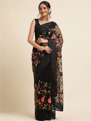 Aika Embroidered Bollywood Net Saree(Black)