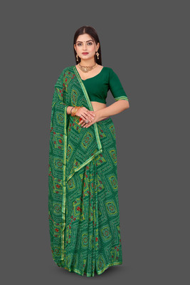 Ranisatiya Creation Printed Bandhani Chiffon Saree(Dark Green)