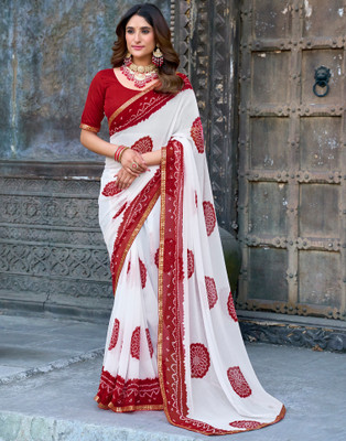 all about you Embellished, Floral Print, Geometric Print, Self Design Bandhani Georgette Saree(Red, White)