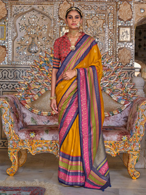 ANOUK Printed Chinnalapattu Silk Blend Saree(Mustard)