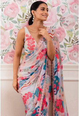 GAVUBAA Printed, Digital Print, Striped Bollywood Georgette Saree(Multicolor)