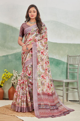 PremVastra Floral Print Bollywood Linen Saree(Cream)