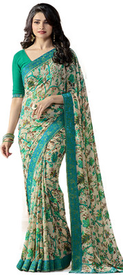 JVG CREATION Printed, Solid/Plain Bollywood Georgette, Chiffon Saree(Cream)