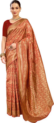 Pranjal Woven Banarasi Silk Blend Saree(Red, Gold)