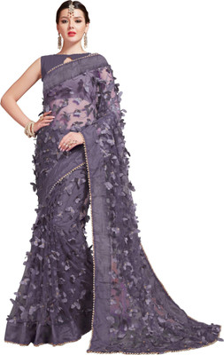 Nytra creation Floral Print, Embroidered Banarasi Net Saree(Grey)