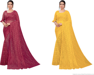 Fashion Field Self Design Bollywood Net Saree(Pack of 2, Maroon, Yellow)
