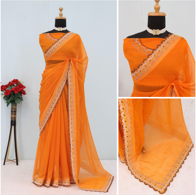 VarniRaaj Fashion Embellished Bollywood Organza Saree(Orange)