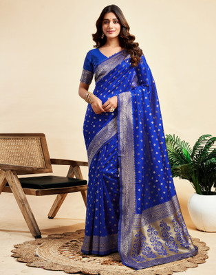 Samah Embellished, Self Design, Woven Banarasi Silk Blend, Jacquard Saree(Dark Blue, Gold)