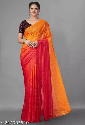 WOM BAB Self Design, Striped, Embellished Bollywood Silk Blend Saree(Orange)