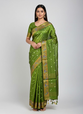 Fabloom Polka Print, Woven, Embroidered, Self Design Bollywood Handloom Tussar Silk, Pure Silk Saree(Green, Gold)