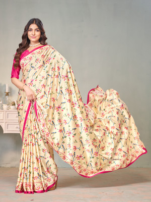 GARDEN VARELI Floral Print Bollywood Satin Saree(Beige)