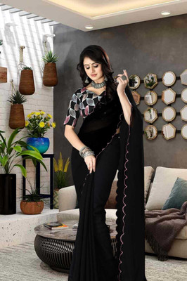 majisasaree Solid/Plain Bollywood Georgette Saree(Black)