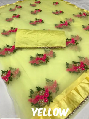 vallavi fashion Embellished Bollywood Net Saree(Yellow)